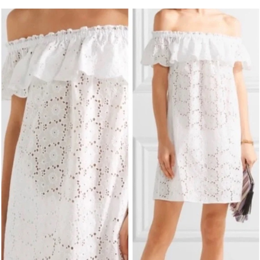 Tory Burch white broderie off the shoulder mini dress w/pockets